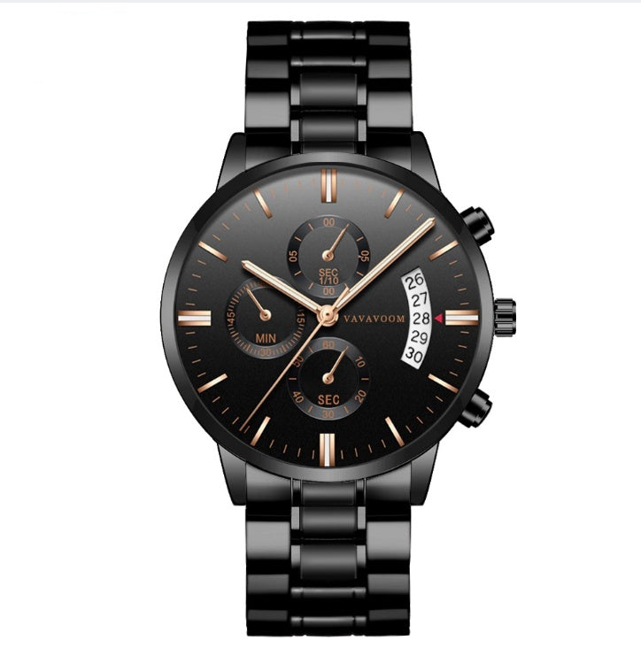 Men's Stainless Steel Watch with Business Leisure Calendar Quartz Watches Waterproof Black Refined Steel Watch