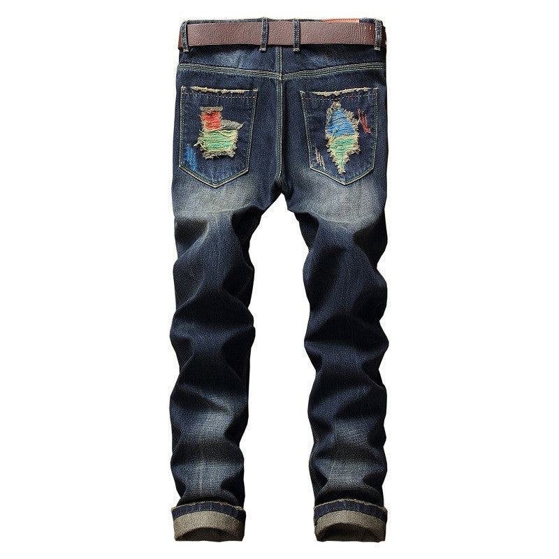 ' Personalized Brushed Jeans Men's Ripped Straight-leg Jeans