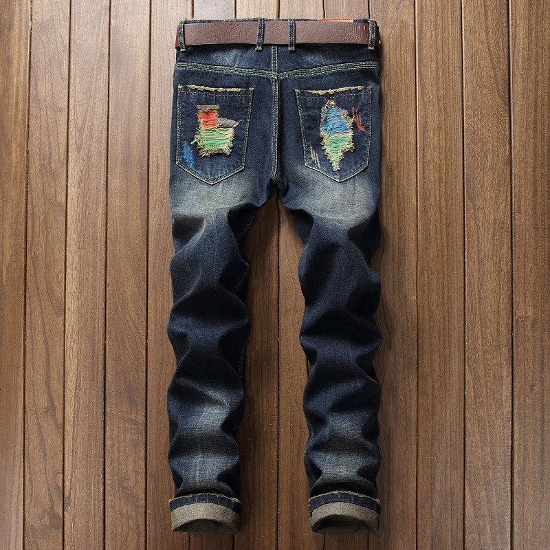 ' Personalized Brushed Jeans Men's Ripped Straight-leg Jeans