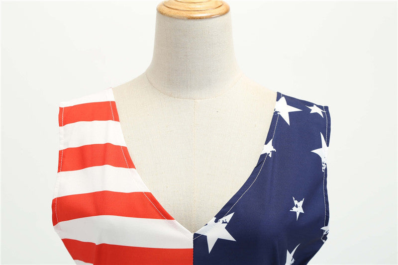 V-neck Sleeveless Striped Star Print Dress