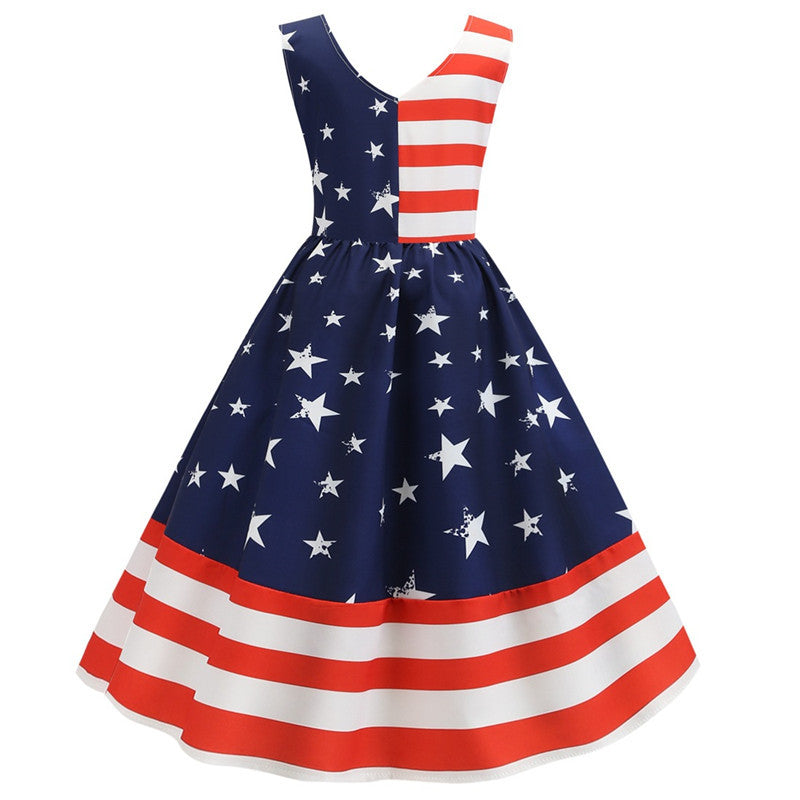 V-neck Sleeveless Striped Star Print Dress