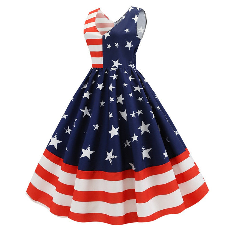 V-neck Sleeveless Striped Star Print Dress