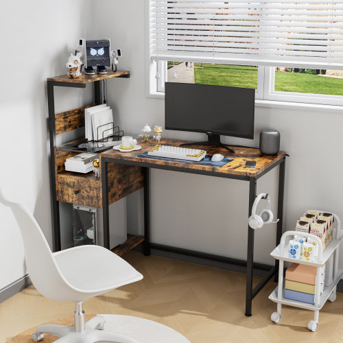 Computer Desk With Power Outlet Storage Shelves, Study Writing Table With USB Ports Charging Station, PC Desk Workstation For Home Office, Black