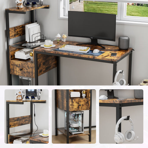 Computer Desk With Power Outlet Storage Shelves, Study Writing Table With USB Ports Charging Station, PC Desk Workstation For Home Office, Black