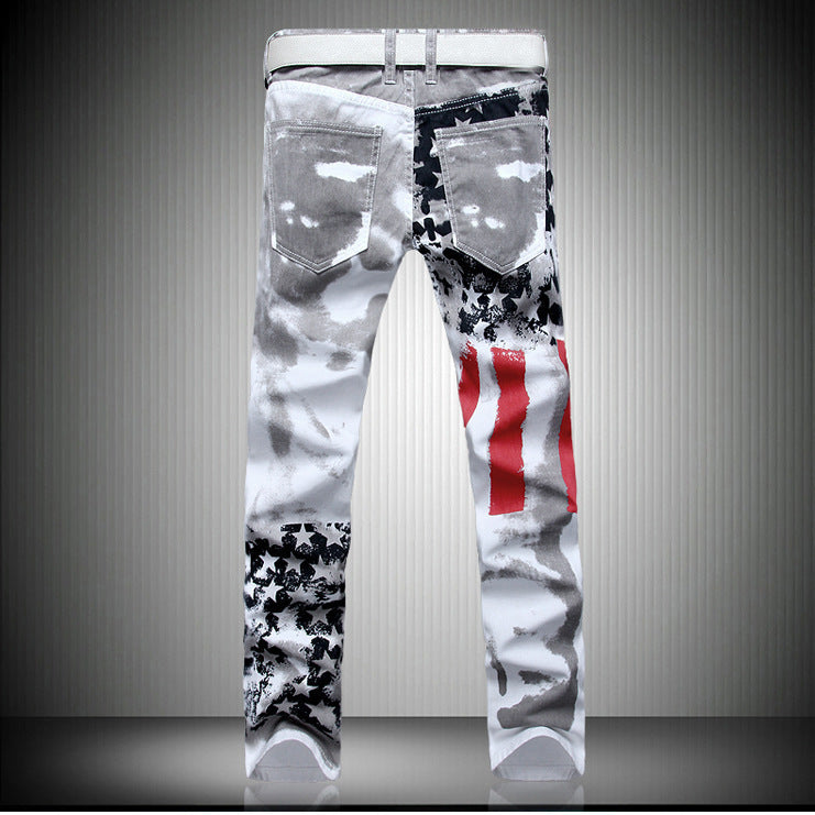 New Years Printed Jeans High Elastic Slim Fit Men Plus Size Pants