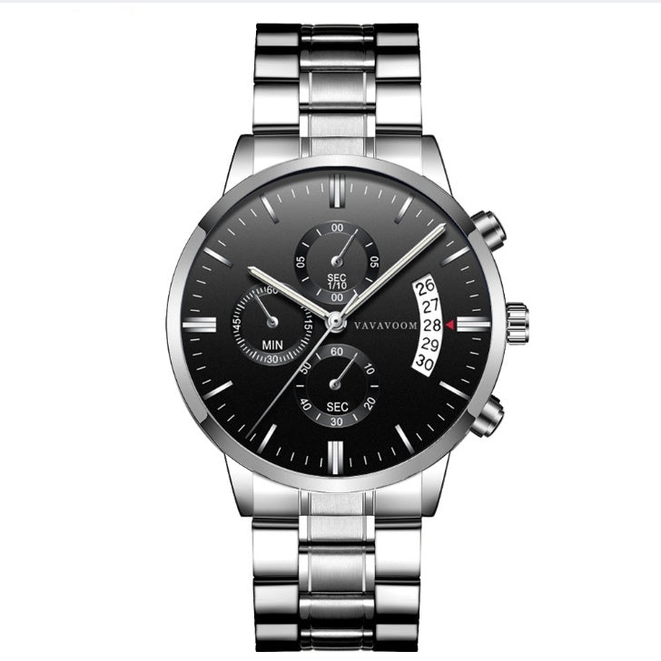 Men's Stainless Steel Watch with Business Leisure Calendar Quartz Watches Waterproof Black Refined Steel Watch