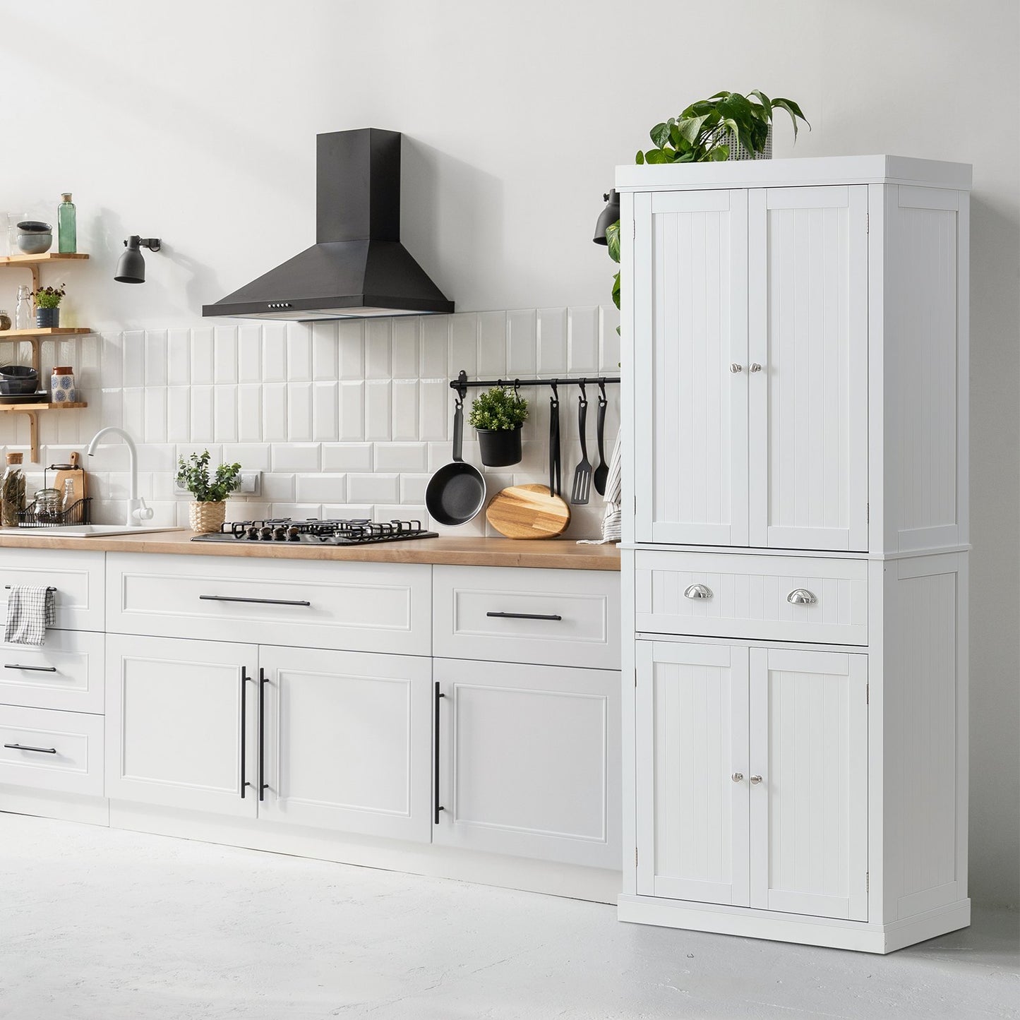 VEVOR Kitchen Pantry Storage Cabinet, Freestanding Utility Cabinets With Doors, Drawer And 3 Adjustable Shelves, Tall Food Buffet Pantries For Kitchen, Living Room, Dinning Room, Laundry, White