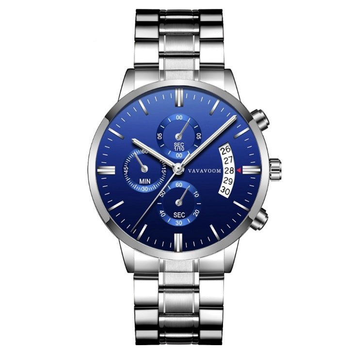 Men's Stainless Steel Watch with Business Leisure Calendar Quartz Watches Waterproof Black Refined Steel Watch