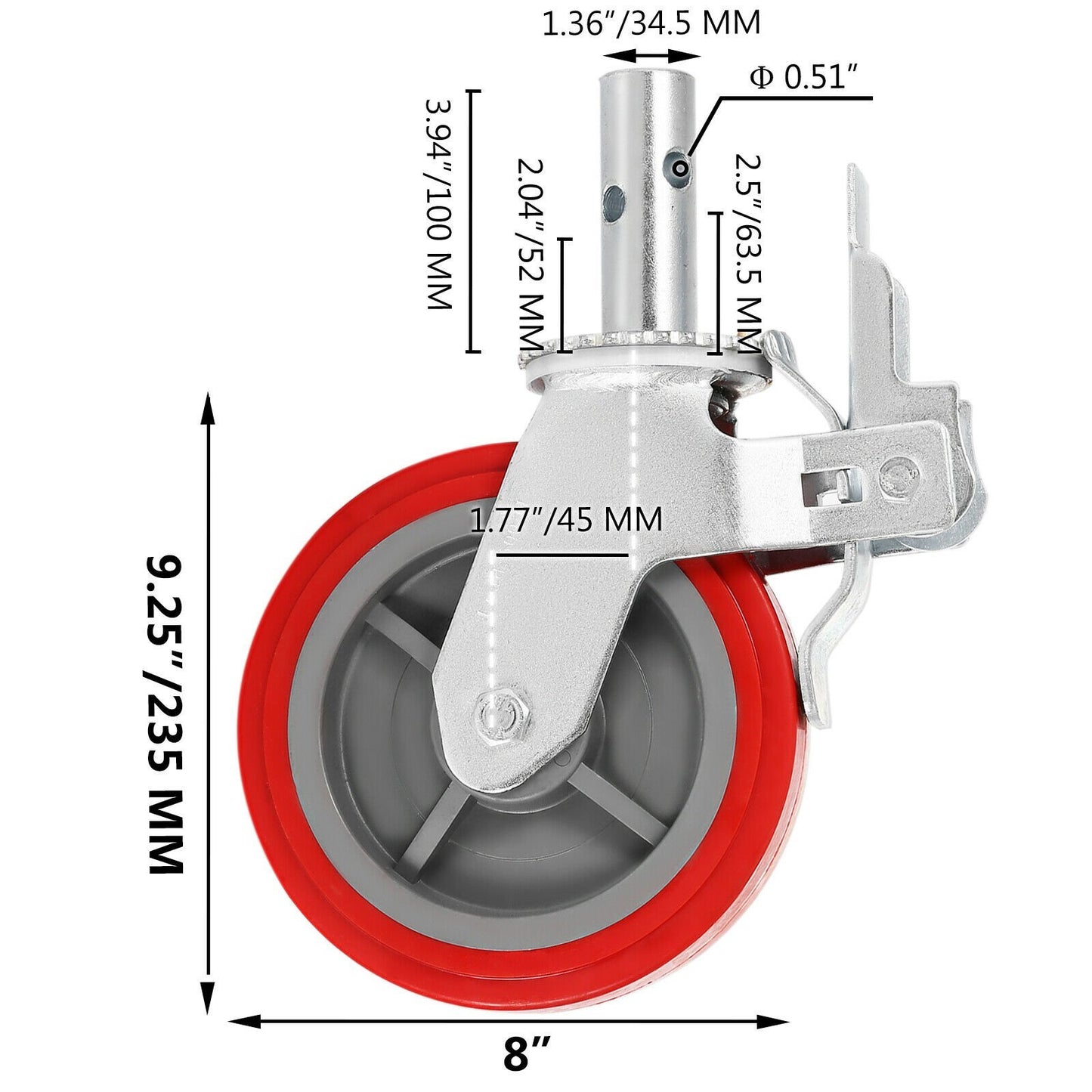 VEVOR Scaffolding Wheels Set - Scaffolding Casters Heavy Duty, 3200 Lbs Per Set - Locking Stem Casters With Brake, Red Polyurethane - Replacement For Scaffold, Shelves, Workbench