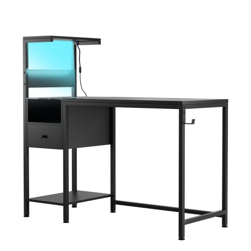 Computer Desk With Power Outlet Storage Shelves, Study Writing Table With USB Ports Charging Station, PC Desk Workstation For Home Office, Black