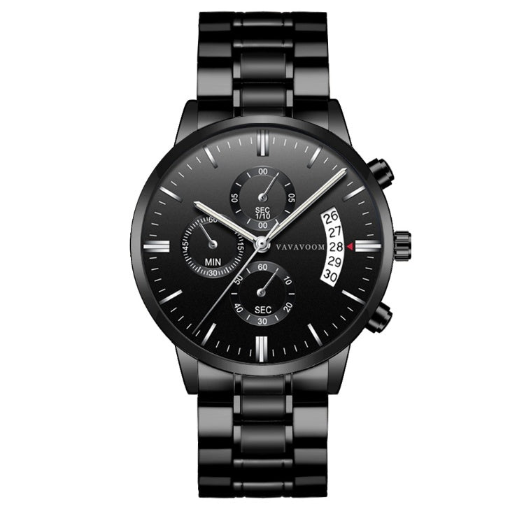 Men's Stainless Steel Watch with Business Leisure Calendar Quartz Watches Waterproof Black Refined Steel Watch