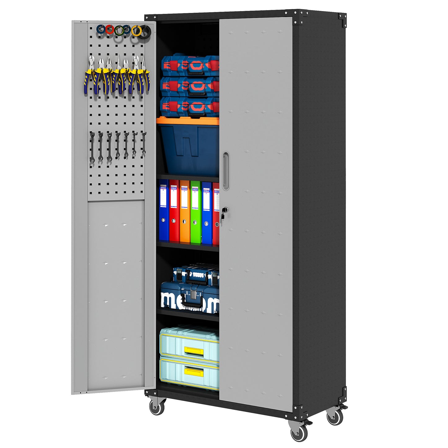Metal Garage Storage Cabinet With Wheels - Heavy-Duty Tool Storage Cabinet For Home, Office, School, And Garage Organization, Black Gray