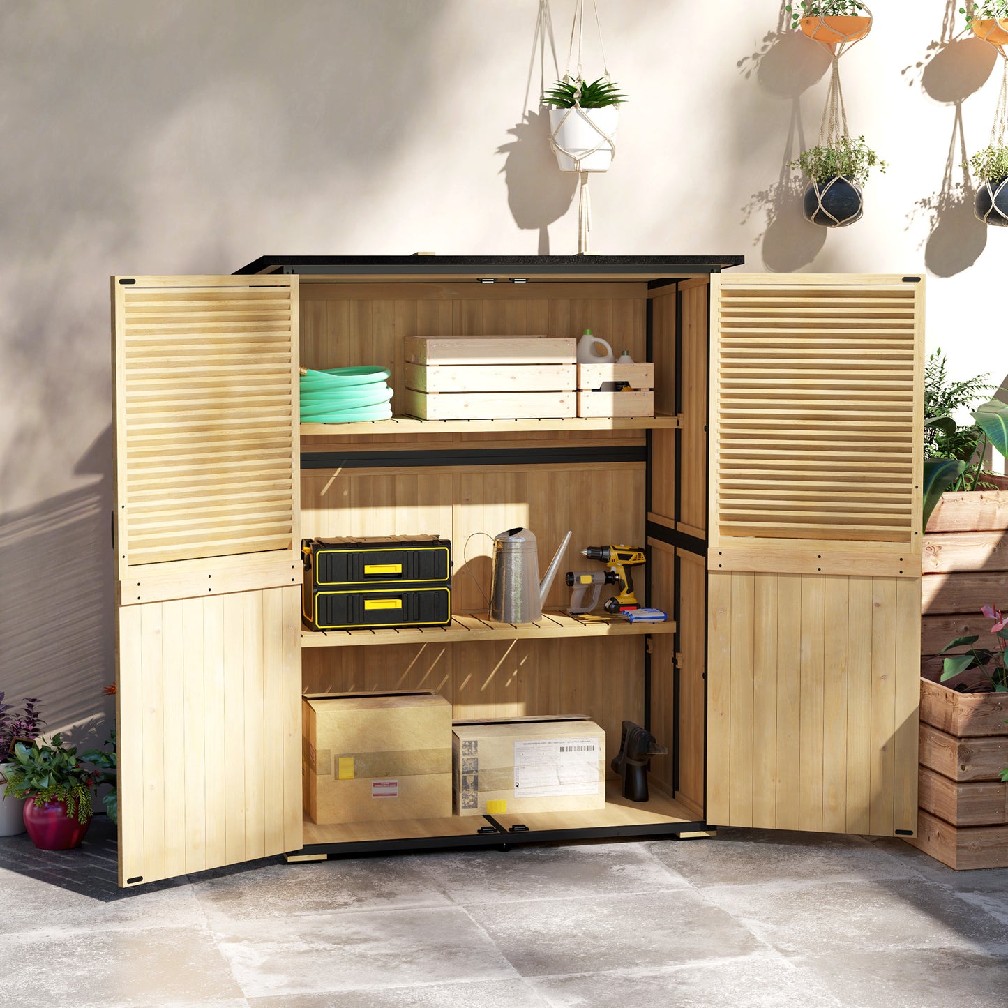 Wood Storage Shed, Outdoor Garden Shed With Asphalt Roof, 2 Shelves, Lockable Doors And Adjustable Feet, Natural