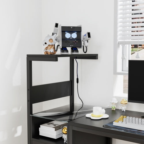 Computer Desk With Power Outlet Storage Shelves, Study Writing Table With USB Ports Charging Station, PC Desk Workstation For Home Office, Black