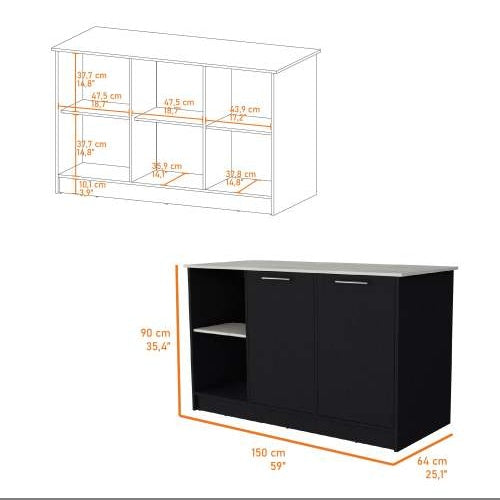 Rectangular Black And Kitchen Island With Double Door Cabinets Accessible Storage Spacious Countertop Efficient Design