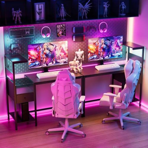 Computer Desk With Power Outlet Storage Shelves, Study Writing Table With USB Ports Charging Station, PC Desk Workstation For Home Office, Black