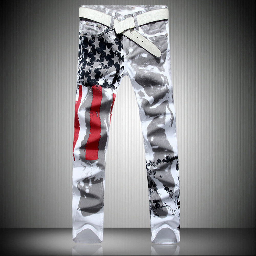 New Years Printed Jeans High Elastic Slim Fit Men Plus Size Pants