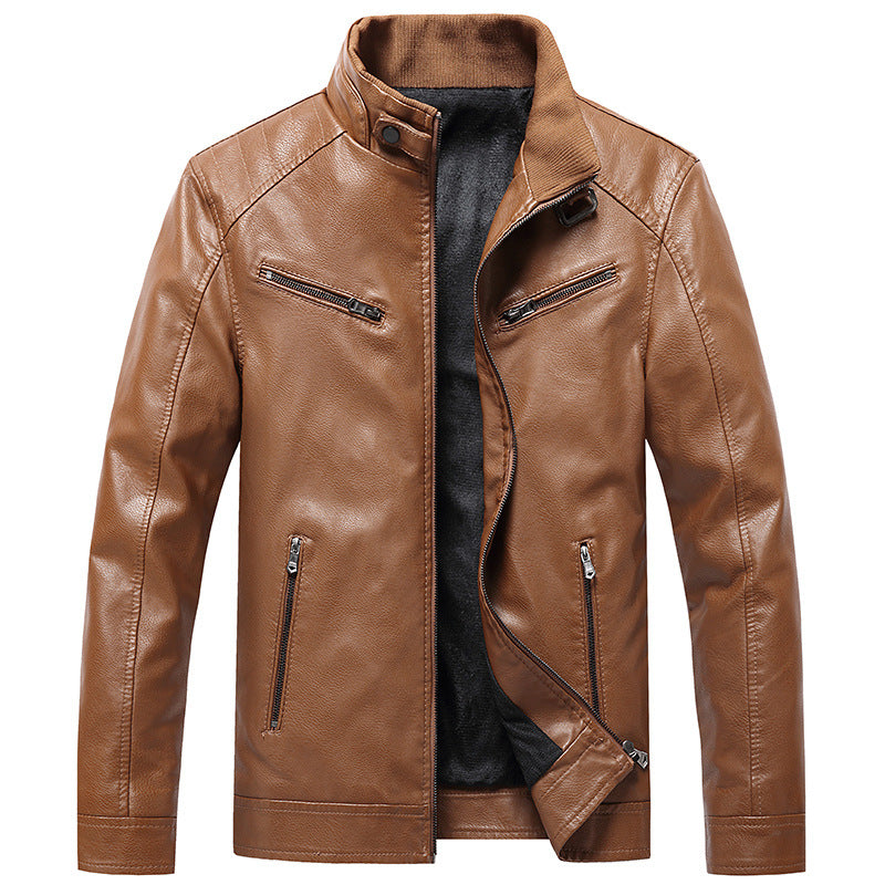 Men's Fleece Padded Coat Stand Collar PU Leather Jacket Trendy Youth