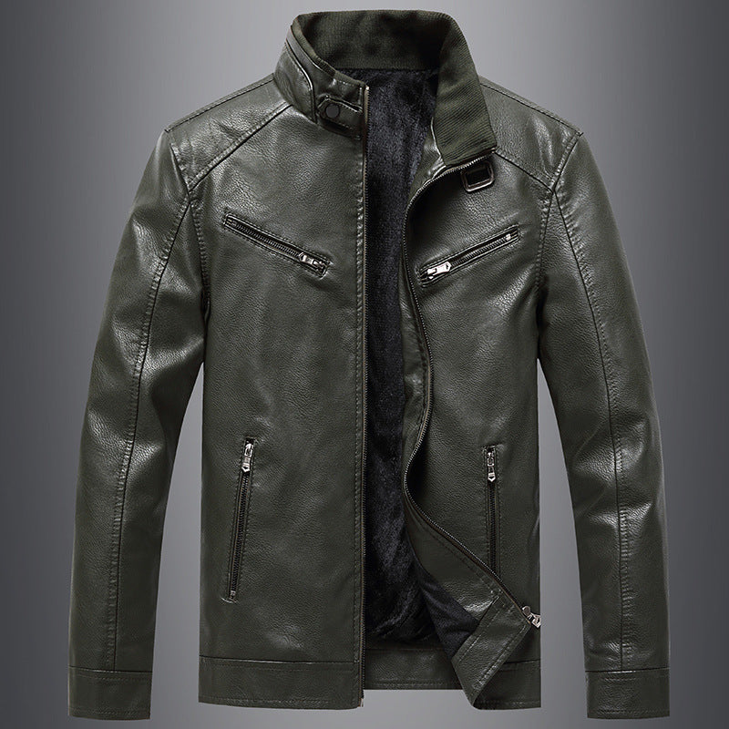Men's Fleece Padded Coat Stand Collar PU Leather Jacket Trendy Youth