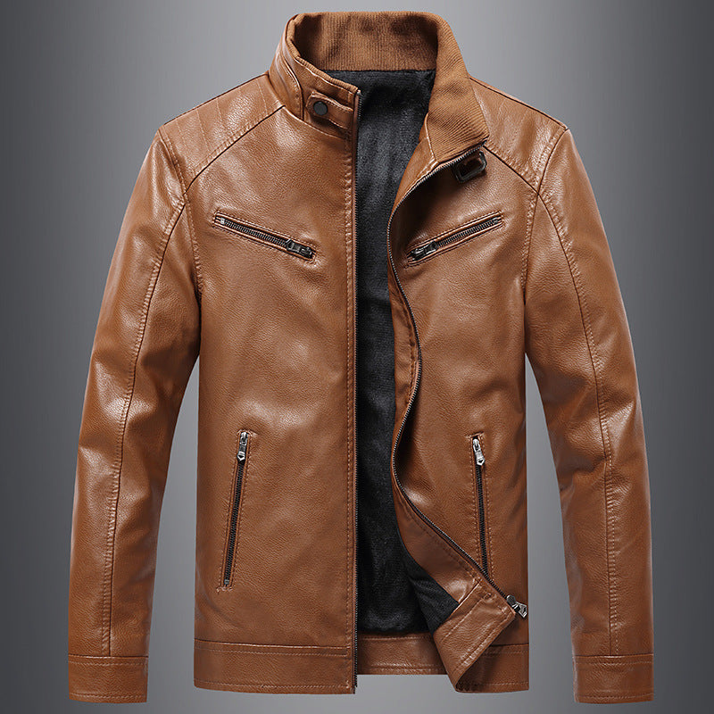 Men's Fleece Padded Coat Stand Collar PU Leather Jacket Trendy Youth