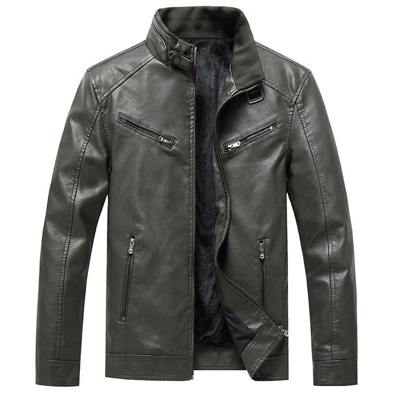 Men's Fleece Padded Coat Stand Collar PU Leather Jacket Trendy Youth