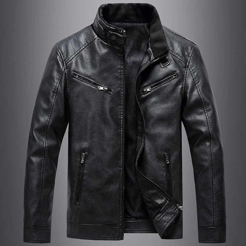Men's Fleece Padded Coat Stand Collar PU Leather Jacket Trendy Youth