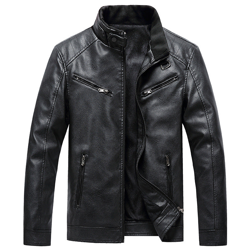 Men's Fleece Padded Coat Stand Collar PU Leather Jacket Trendy Youth
