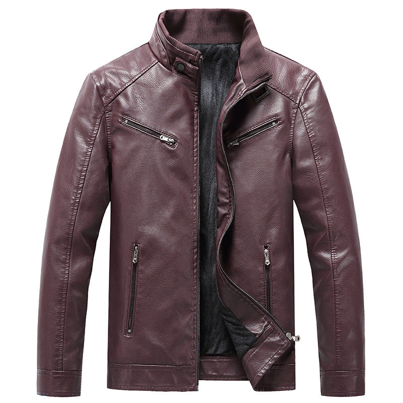 Men's Fleece Padded Coat Stand Collar PU Leather Jacket Trendy Youth