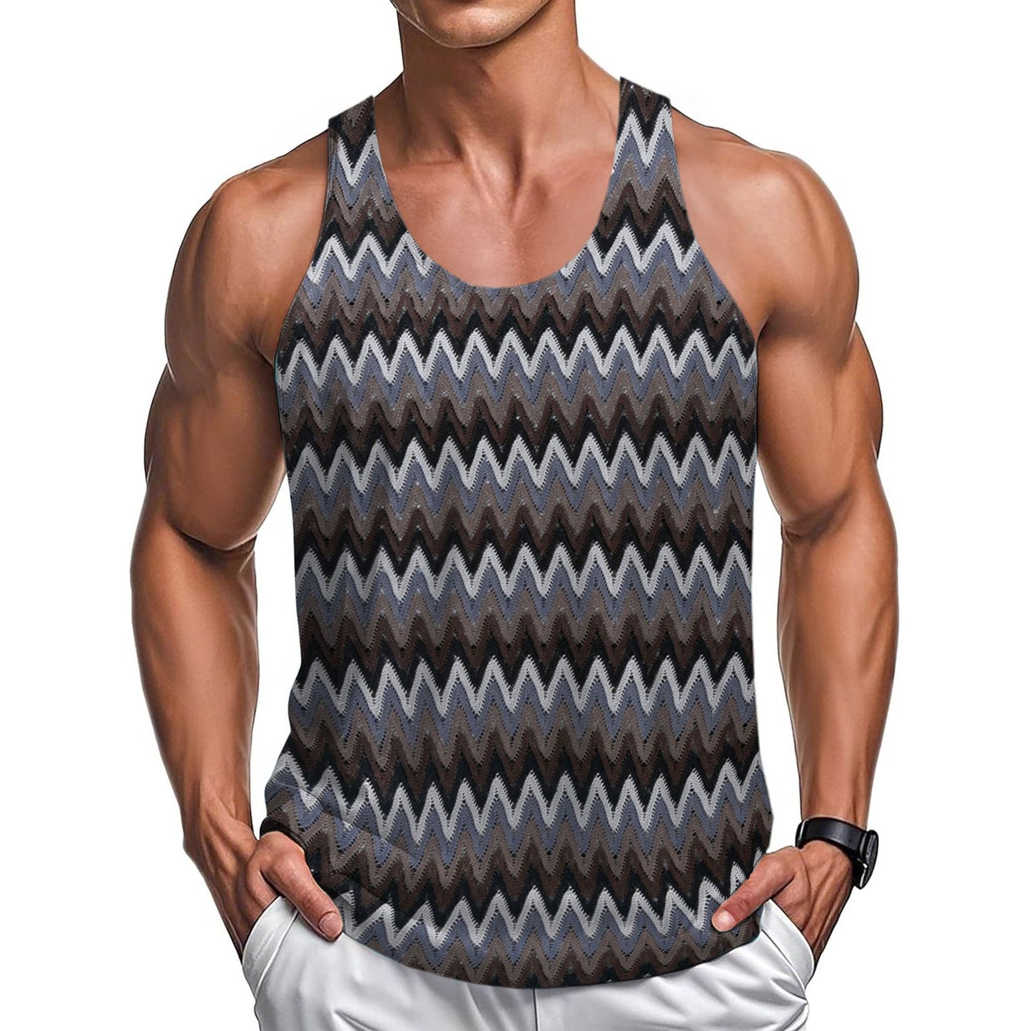 Summer Casual Men's Clothing Retro Style Contrast Color Wave Color Stripes Fabric Tank