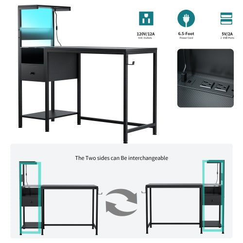 Computer Desk With Power Outlet Storage Shelves, Study Writing Table With USB Ports Charging Station, PC Desk Workstation For Home Office, Black