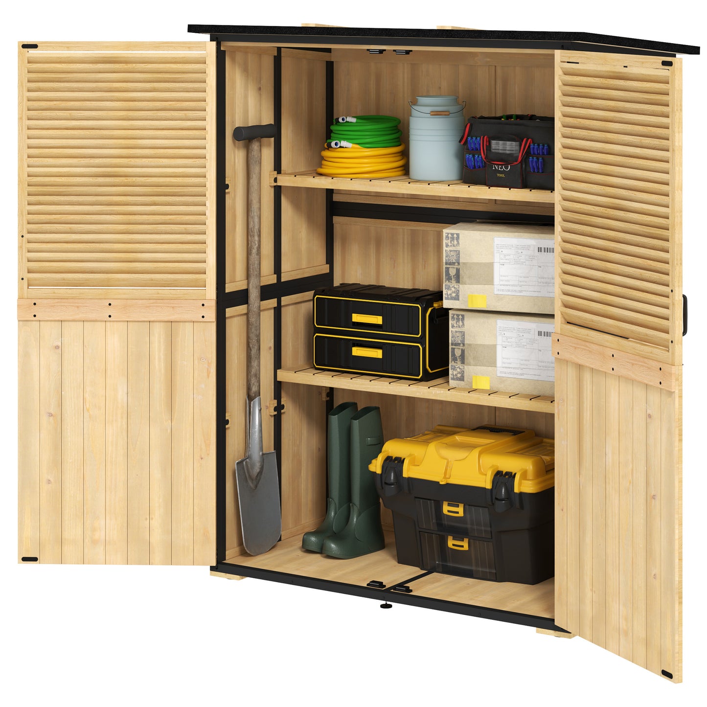 Wood Storage Shed, Outdoor Garden Shed With Asphalt Roof, 2 Shelves, Lockable Doors And Adjustable Feet, Natural