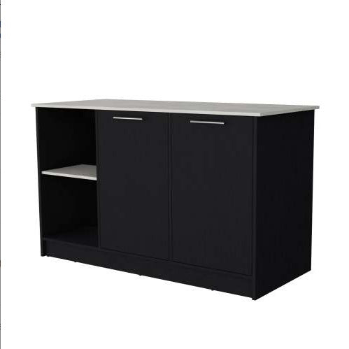 Rectangular Black And Kitchen Island With Double Door Cabinets Accessible Storage Spacious Countertop Efficient Design