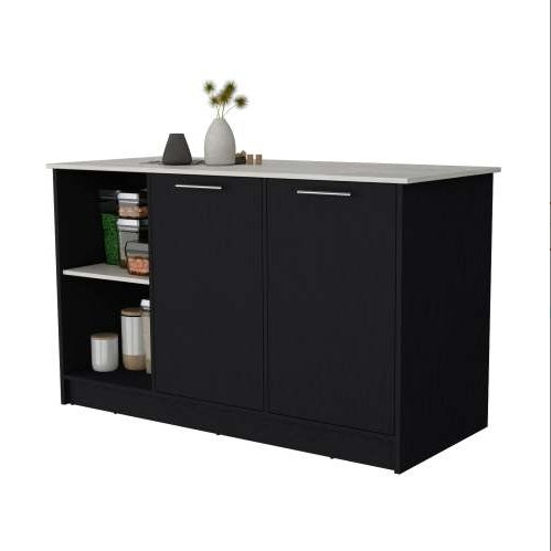 Rectangular Black And Kitchen Island With Double Door Cabinets Accessible Storage Spacious Countertop Efficient Design