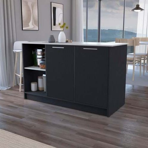 Rectangular Black And Kitchen Island With Double Door Cabinets Accessible Storage Spacious Countertop Efficient Design