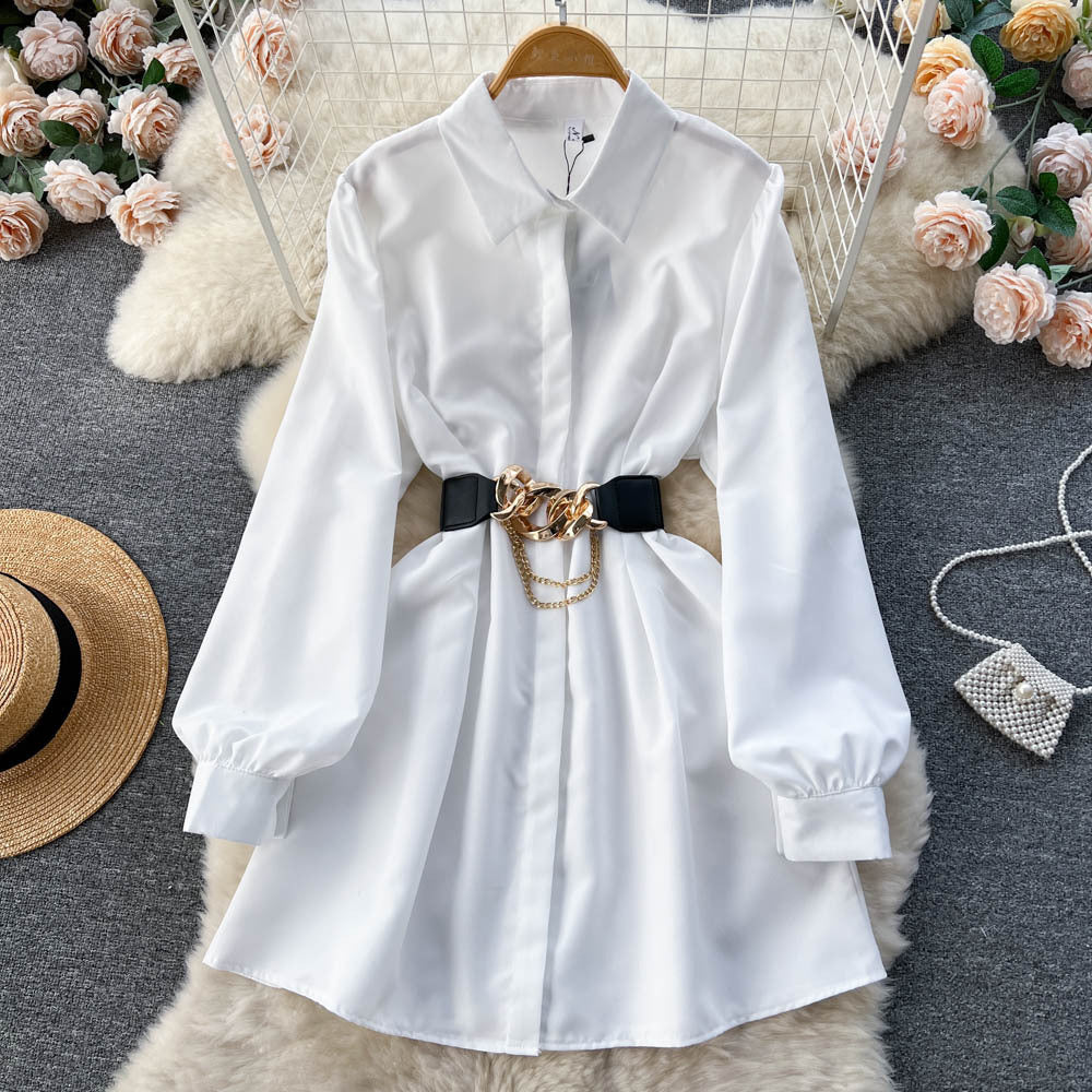 Metal Buckle White Shirt Dress