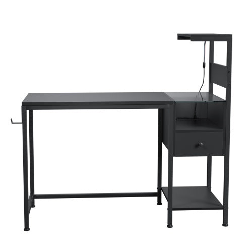 Computer Desk With Power Outlet Storage Shelves, Study Writing Table With USB Ports Charging Station, PC Desk Workstation For Home Office, Black