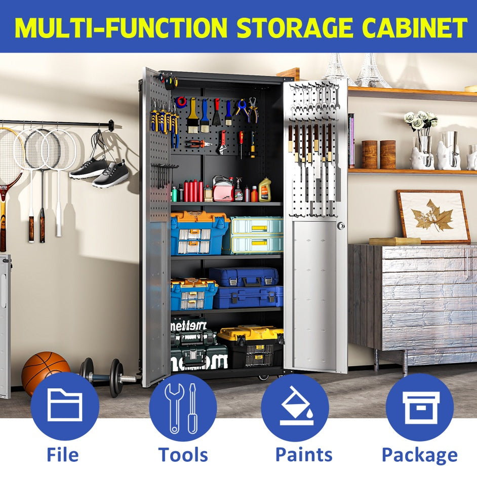 Metal Garage Storage Cabinet With Wheels - Heavy-Duty Tool Storage Cabinet For Home, Office, School, And Garage Organization, Black Gray