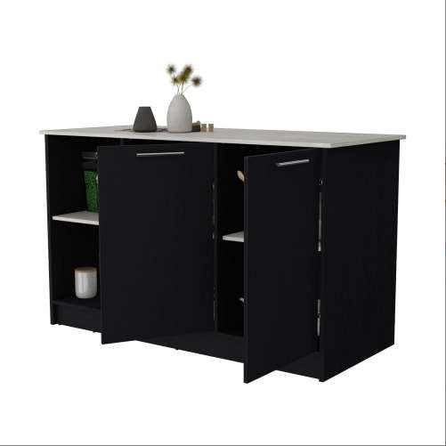 Rectangular Black And Kitchen Island With Double Door Cabinets Accessible Storage Spacious Countertop Efficient Design