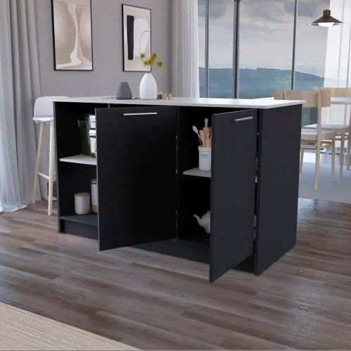 Rectangular Black And Kitchen Island With Double Door Cabinets Accessible Storage Spacious Countertop Efficient Design