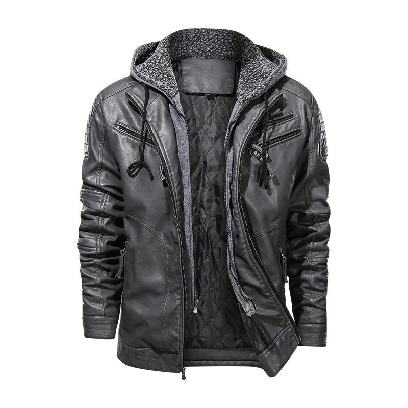 'Men's Leather Coat Hooded Cotton Addition Leather Jacket Coat