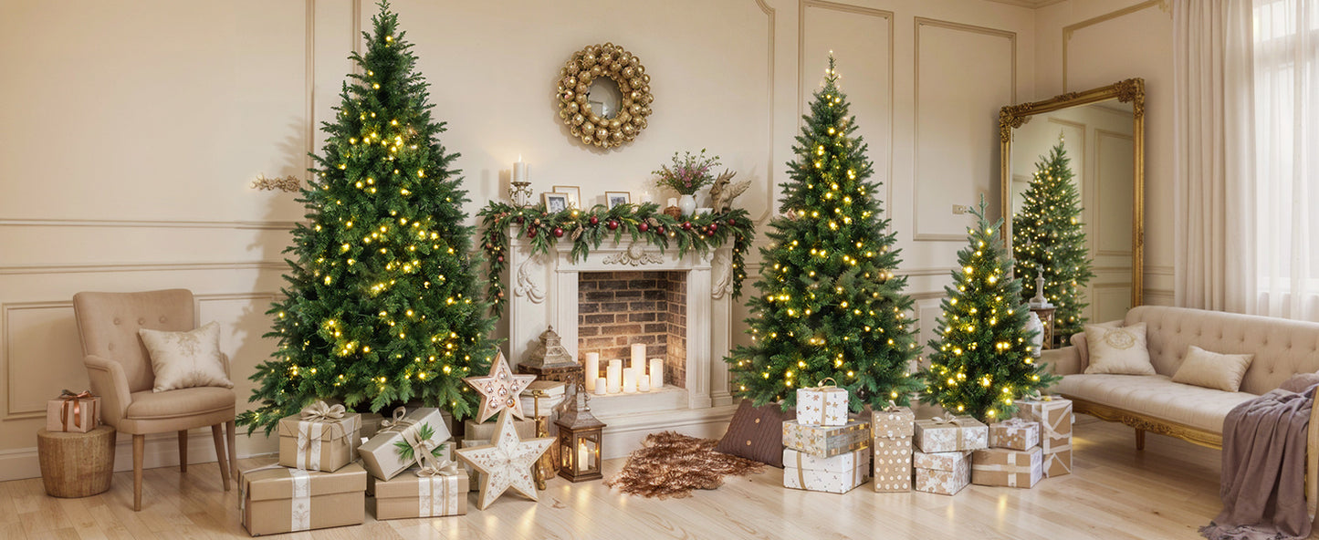8ft, 6ft, 4ft Pre-Lit Green Pine Artificial Christmas Tree, 3 Articulated Christmas Trees With 820 Warm Yellow LED Lights & 2539 Branch Tips For Festive Decoration For Home, Office & Party