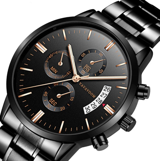 Men's Stainless Steel Watch with Business Leisure Calendar Quartz Watches Waterproof Black Refined Steel Watch