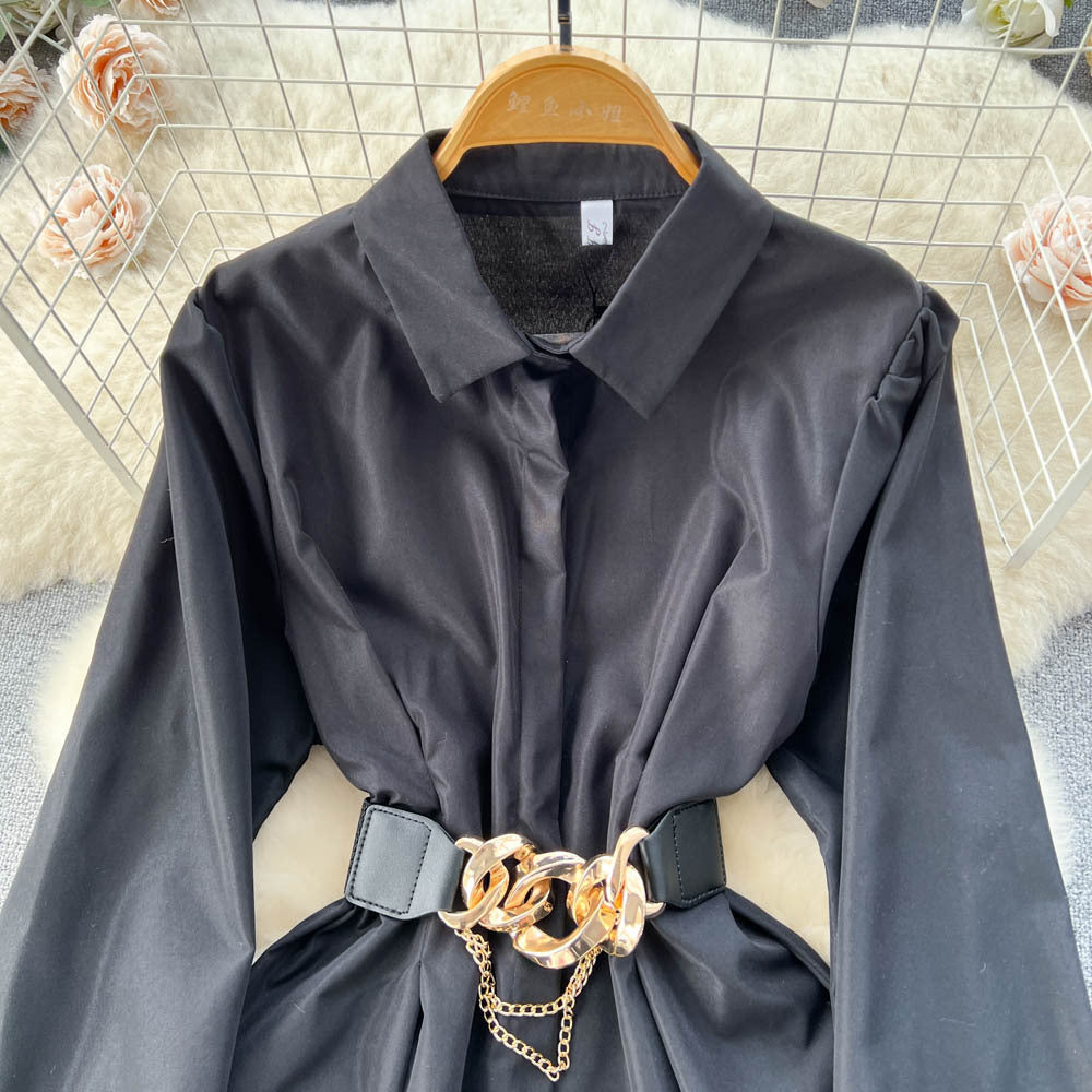 Metal Buckle White Shirt Dress