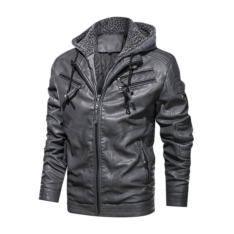 'Men's Leather Coat Hooded Cotton Addition Leather Jacket Coat