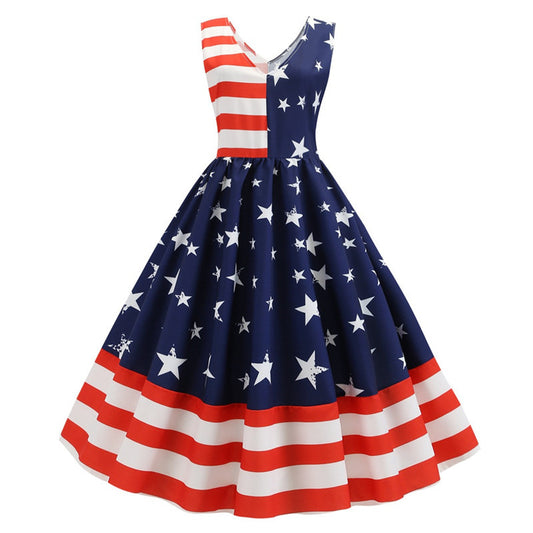 V-neck Sleeveless Striped Star Print Dress