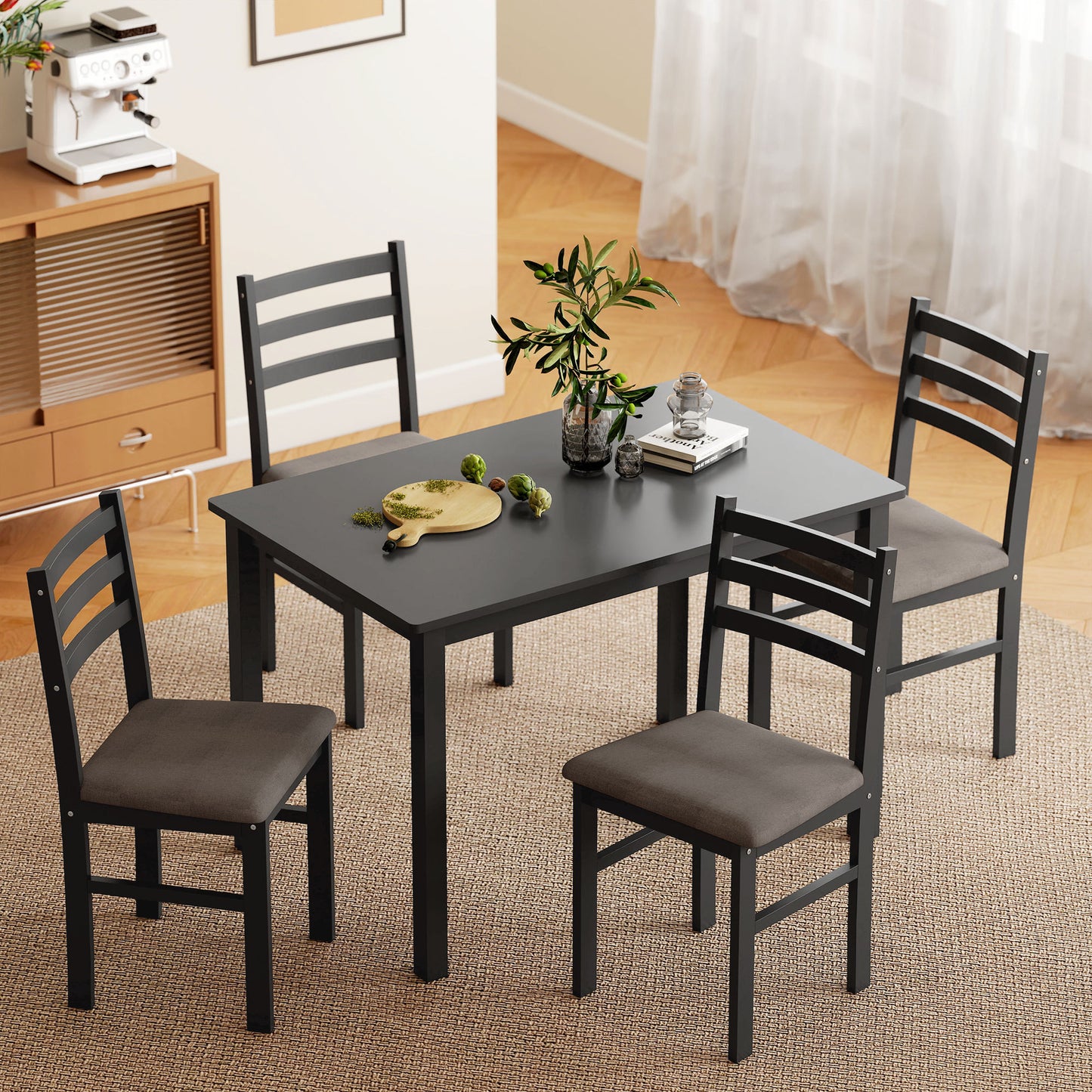 5-Piece Small Kitchen Table Set For 4, Farmhouse Dining Table Set With Upholstered Chairs And Rubber Wood Legs, Black