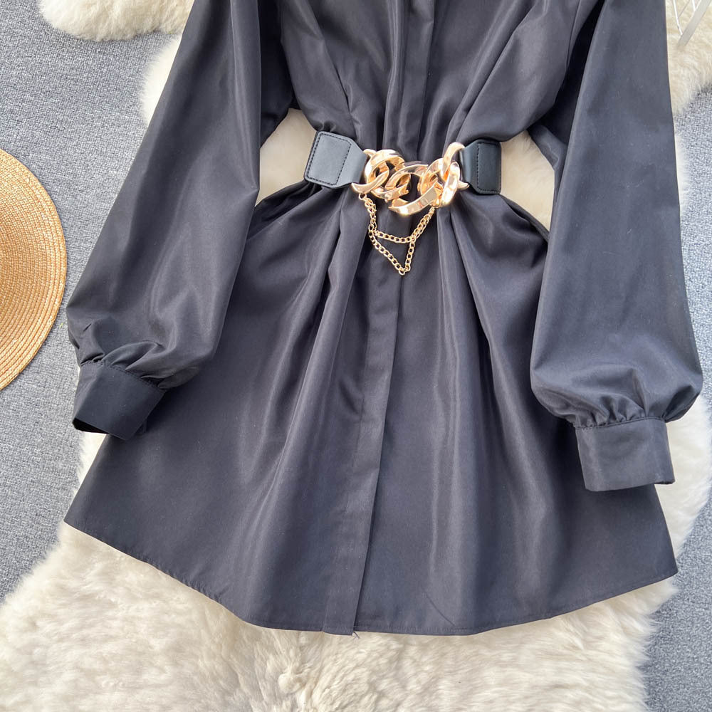 Metal Buckle White Shirt Dress