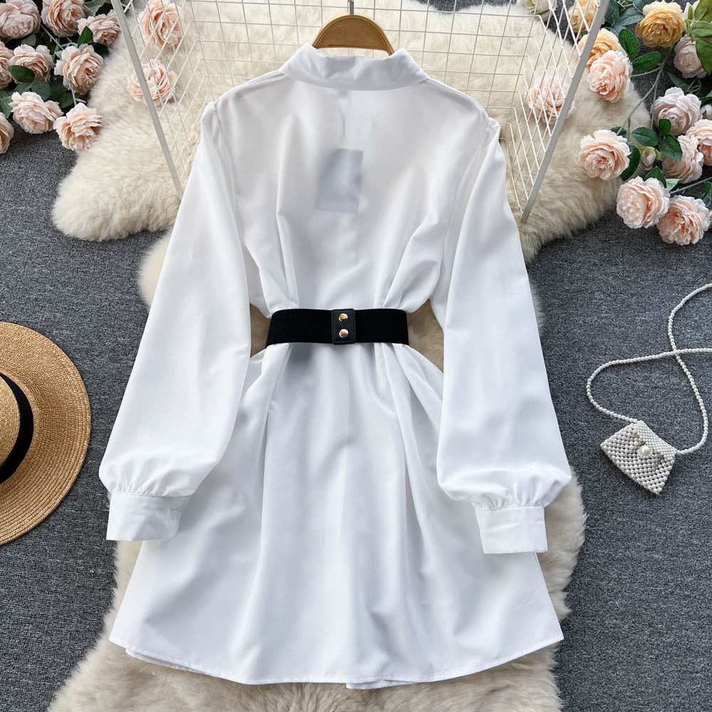 Metal Buckle White Shirt Dress