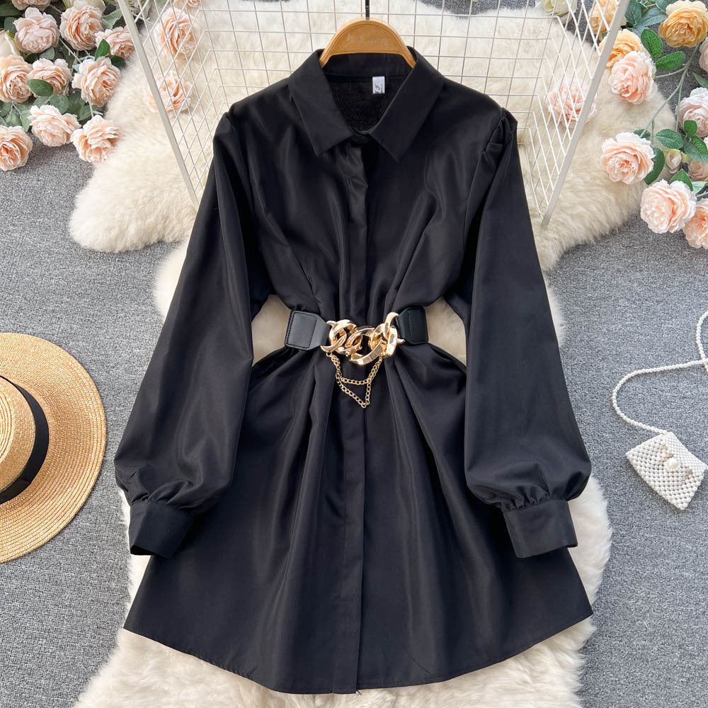 Metal Buckle White Shirt Dress