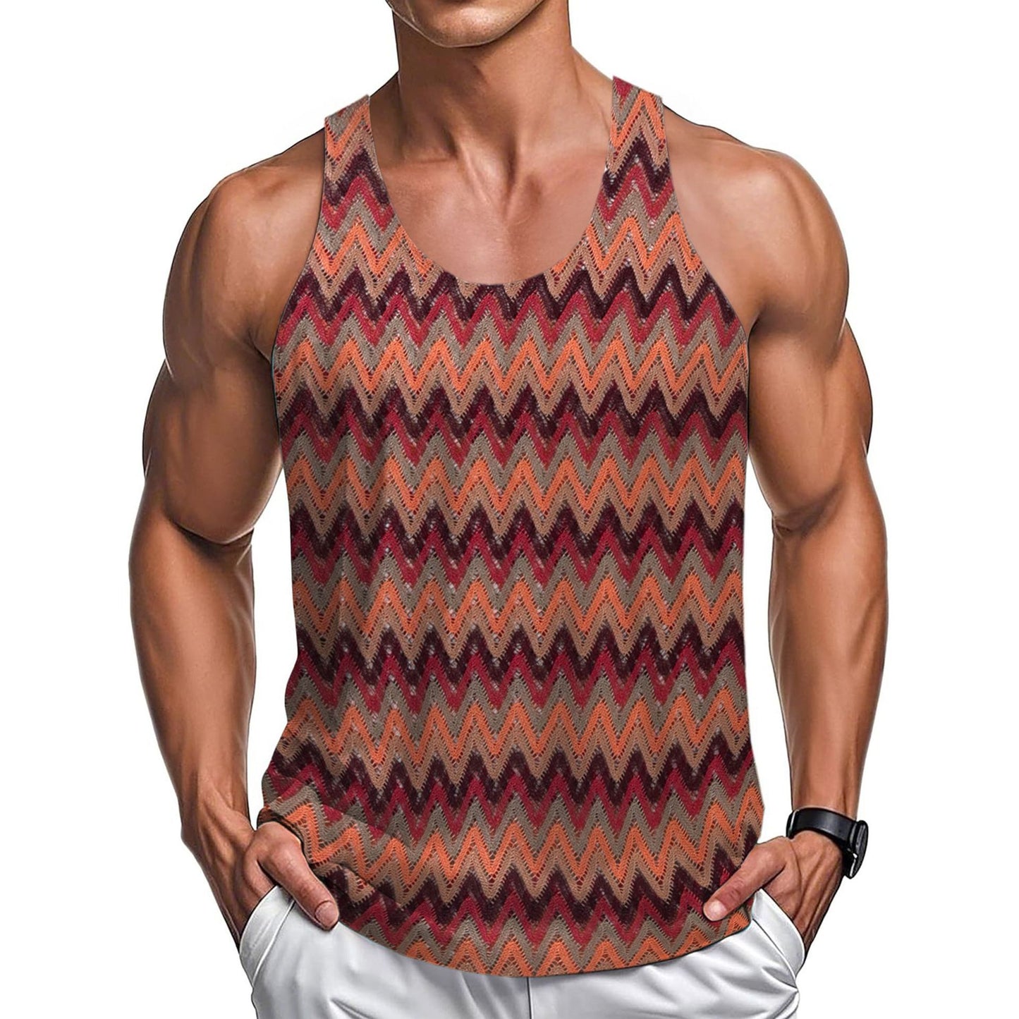 Summer Casual Men's Clothing Retro Style Contrast Color Wave Color Stripes Fabric Tank